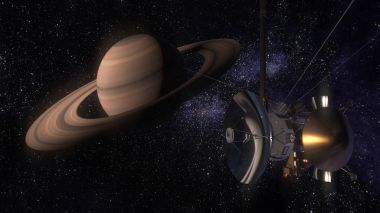 Uydu Cassini Satürn yaklaşıyor. Cassini Huygens gezegen Satürn gönderilen bir İnsansız uzay gemisi. CG animasyonu.