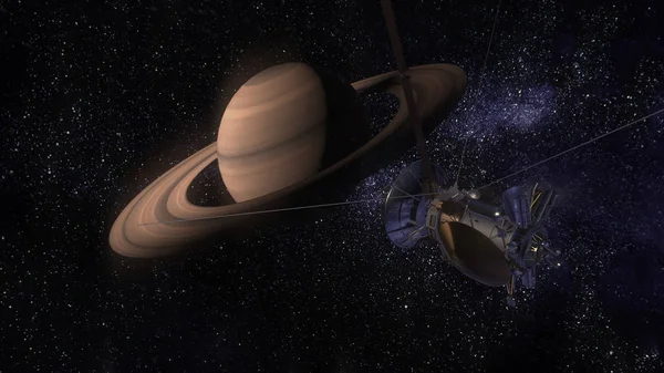 Uydu Cassini Satürn yaklaşıyor. Cassini Huygens gezegen Satürn gönderilen bir İnsansız uzay gemisi. CG animasyonu.