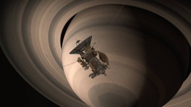 Uydu Cassini Satürn yaklaşıyor. Cassini Huygens gezegen Satürn gönderilen bir İnsansız uzay gemisi. CG animasyonu. Bu fotoğraf Nasa tarafından döşenmiş unsurları.