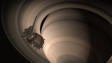 Uydu Cassini Satürn yaklaşıyor. Cassini Huygens gezegen Satürn gönderilen bir İnsansız uzay gemisi. CG animasyonu. Bu fotoğraf Nasa tarafından döşenmiş unsurları.