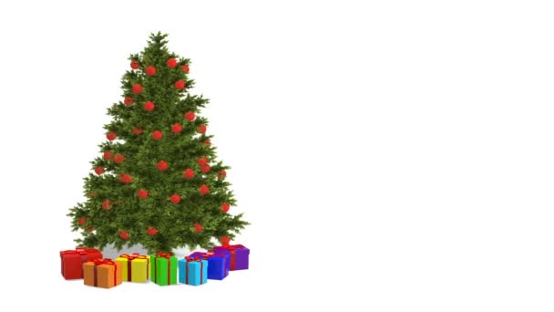 Рождественская елка и подарки вращаются на белом фоне. Бесшовная петельная анимация . — стоковое видео