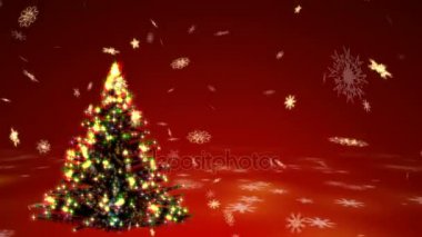 Gerçeküstü plazma ışıkları ve kırmızı zemin üzerine altın kar tanesi blizzard ile Noel ağacı