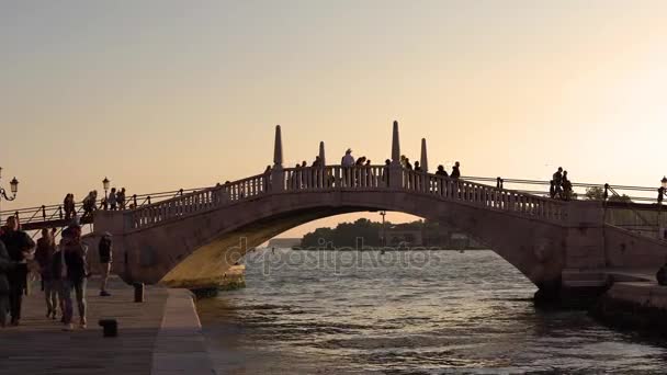 VENICE, ITÁLIA - OUTUBRO, 2017: Turistas andando pelas ruas de Veneza. Boa noite em Veneza. Turistas caminhando ao longo da ponte sobre o Grande Canal. Romance de Veneza, Itália . — Vídeo de Stock