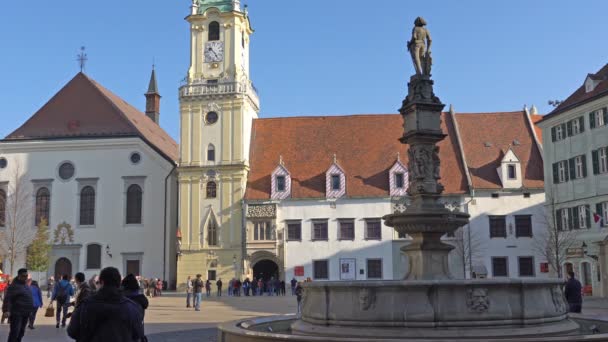 BRATISLAVA, ESLOVAQUIA - Noviembre 2013: El centro histórico de Bratislava. Bratislava está ocupando ambas orillas del Danubio y el río Morava. Bratislava limita con dos estados, Austria y Hungría . — Vídeo de stock