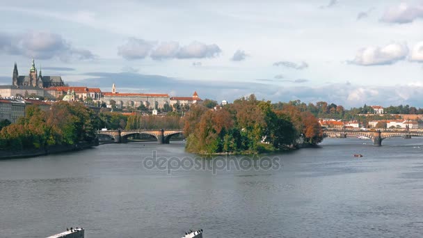 Vista de la arquitectura del casco antiguo con techos rojos en Praga, República Checa. Catedral de San Vito en Praga. Río Moldava. panorama del casco antiguo, República Checa . — Vídeo de stock