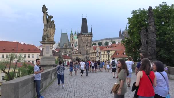 Prague, Çek Cumhuriyeti - Temmuz 2017: mimari ve trafik Prag, Çek Cumhuriyeti. Prag'daki Charles Köprüsü boyunca yürüyüş turist. — Stok video