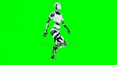 Seksi robot android yürüyen kadın. Sci-Fi şık robot kız. Sevimli robot kadın. CG animasyonu. Yeşil ekran