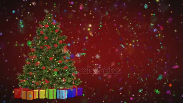 Albero di Natale e regali che ruotano su uno sfondo rosso.Buon Natale e Felice Anno Nuovo dai fiocchi di neve su uno sfondo rosso. Natale e Capodanno animazione loop senza soluzione di continuità — Video Stock