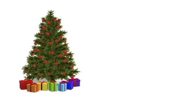 Árbol de Navidad y regalos girando sobre un fondo blanco. Navidad y Año Nuevo animación bucle sin fisuras — Vídeos de Stock