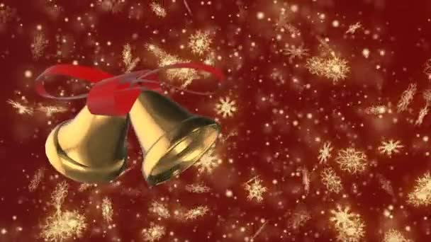 Natal e Ano Novo animação looping sem costura. Flocos de neve de ouro de Natal e sino no fundo vermelho escuro. Inverno país das maravilhas flocos de neve mágicos . — Vídeo de Stock