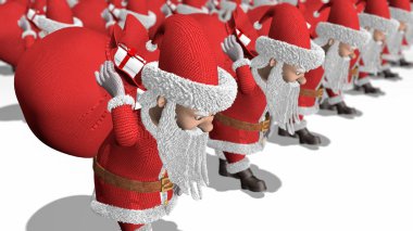 3D görüntüleme. Noel Baba ordusu hediye çantaları taşır. Mutlu Noeller ve mutlu yıllar 2020 animasyonu. Kusursuz döngü.