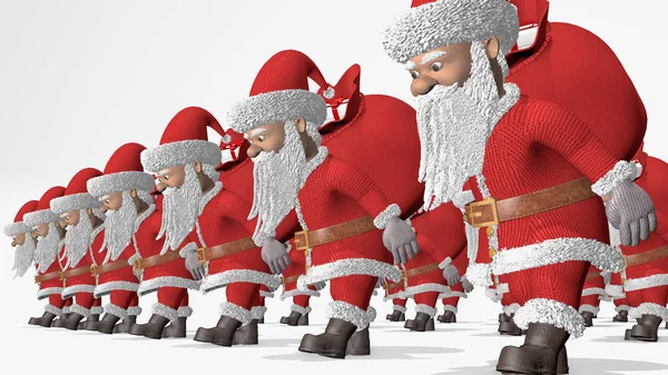 Representación 3D. El ejército de Santa Claus lleva bolsas de regalos. Feliz Navidad y Feliz Año Nuevo 2020 animación. Lazo sin costura . — Foto de Stock