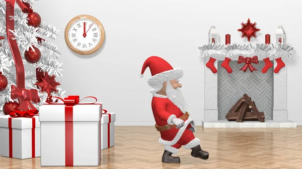 Santa Claus empujando regalo. Feliz Navidad y Feliz Año Nuevo 2020 animación. Santa Claus con un regalo de Navidad cerca del árbol de Navidad. Renderizado 3D — Foto de Stock