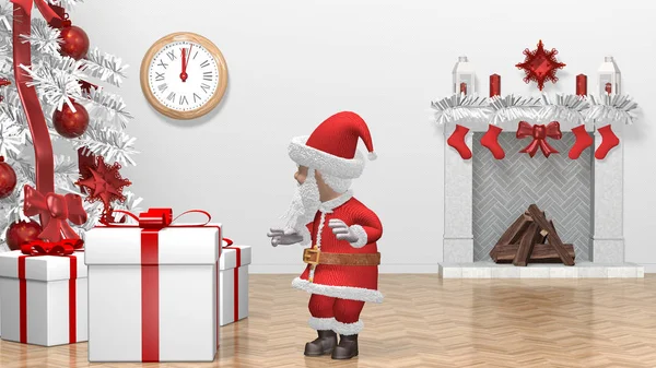 Père Noël poussant cadeau. Joyeux Noël et bonne année 2020 animation. Père Noël avec un cadeau de Noël près du sapin de Noël. rendu 3D — Photo
