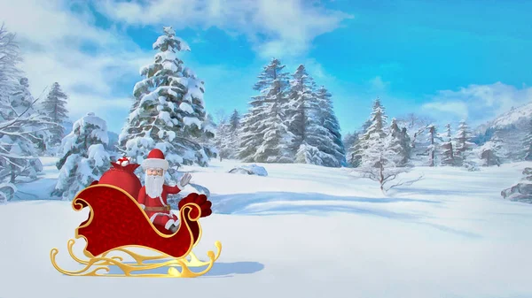 Santa Claus está montando sobre el bosque en un trineo con regalos. Feliz Navidad y Feliz Año Nuevo ilustración . — Foto de Stock