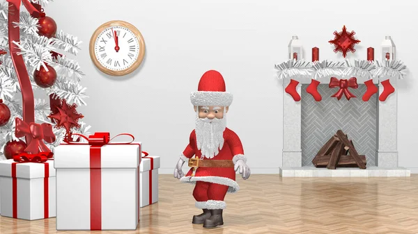 Weihnachtsmann schiebt Geschenk. Frohe Weihnachten und ein gutes neues Jahr 2020 Animation. Weihnachtsmann mit einem Weihnachtsgeschenk neben dem Weihnachtsbaum. 3D-Darstellung — Stockfoto