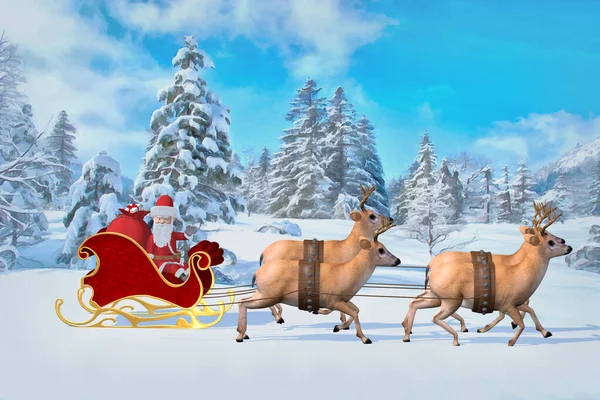 Santa Claus is riding over the forest in a sleigh with gifts. Merry Christmas and Happy New Year illustration. 3D rendering. — Stock Photo, Image