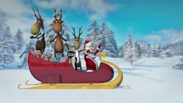Lustige Verrückte Weihnachtsmänner Und Hirsche Die Schlitten Mit Geschenken Durch — Stockvideo
