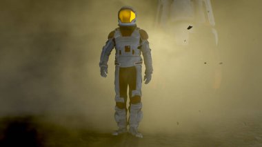 Uzay Giysisindeki Cesur Astronot Sisle kaplı Gizemli Uzaylı Gezegeni Keşfetti. Uzay yolculuğu, Yaşanabilir Dünya ve Kolonileşme Konsepti. Uzay Macerası. 3d oluşturma