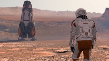 Uzay giysisi giyen astronot Mars yüzeyinde yürüyor. Mars 'a keşif görevi. Gelecekçi Kolonileşme ve Uzay Keşfi Konsepti. 3d oluşturma