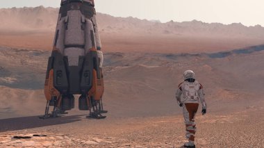 Uzay giysisi giyen astronot Mars yüzeyinde yürüyor. Mars 'a keşif görevi. Gelecekçi Kolonileşme ve Uzay Keşfi Konsepti. 3d oluşturma