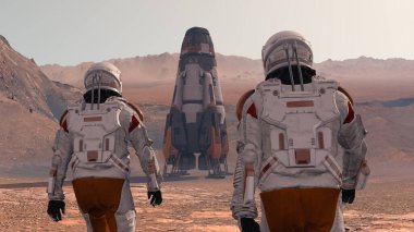 Uzay giysisi giyen astronot Mars yüzeyinde yürüyor. Mars 'a keşif görevi. Gelecekçi Kolonileşme ve Uzay Keşfi Konsepti. 3d oluşturma