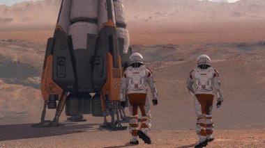 Uzay giysisi giyen astronot Mars yüzeyinde yürüyor. Mars 'a keşif görevi. Gelecekçi Kolonileşme ve Uzay Keşfi Konsepti. 3d oluşturma