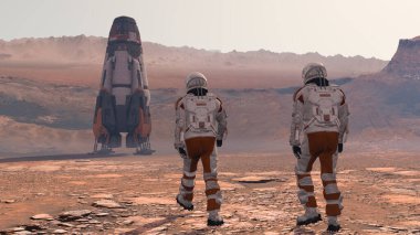 Uzay giysisi giyen astronot Mars yüzeyinde yürüyor. Mars 'a keşif görevi. Gelecekçi Kolonileşme ve Uzay Keşfi Konsepti. 3d oluşturma