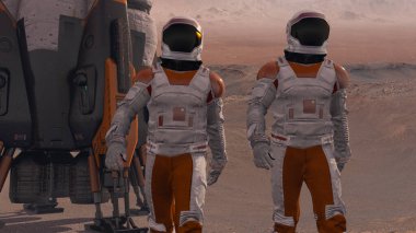 Uzay giysisi giyen astronot Mars yüzeyinde yürüyor. Mars 'a keşif görevi. Gelecekçi Kolonileşme ve Uzay Keşfi Konsepti. 3d oluşturma