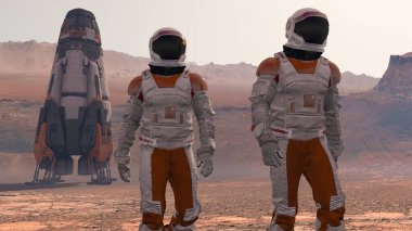 Uzay giysisi giyen astronot Mars yüzeyinde yürüyor. Mars 'a keşif görevi. Gelecekçi Kolonileşme ve Uzay Keşfi Konsepti. 3d oluşturma