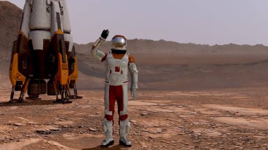 Astronot elini sallıyor. Mars Görevi 'ni keşfediyorum. Gelecekçi Kolonileşme ve Uzay Keşfi Konsepti. 3D görüntüleme. Mars 'taki koloni. NASA tarafından desteklenen bu videonun elementleri