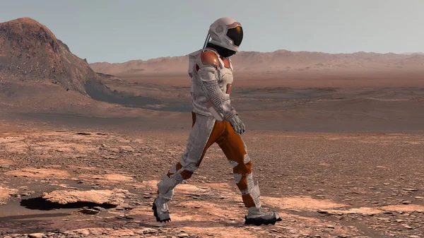 Uzay giysisi giyen astronot Mars yüzeyinde yürüyor. Mars 'a keşif görevi. Gelecekçi Kolonileşme ve Uzay Keşfi Konsepti. 3d oluşturma