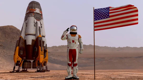 Amerikan bayrağını selamlayan astronot. Mars Görevi 'ni keşfediyorum. Gelecekçi Kolonileşme ve Uzay Keşfi Konsepti. 3D görüntüleme. Mars 'taki koloni. NASA tarafından desteklenen bu videonun elementleri