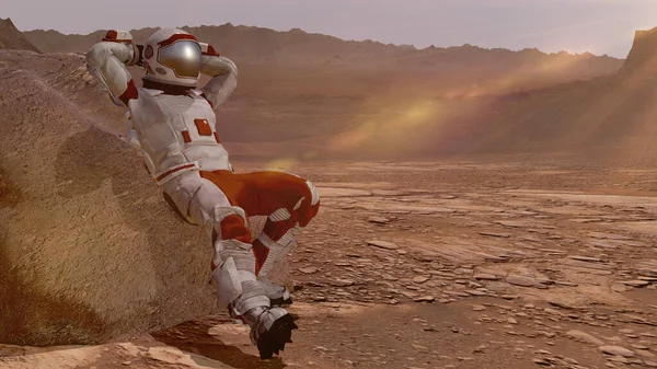 Астронавти Сидять Марсі Милуються Краєвидами Exploration Mission Mars Концепція Футуристичної — стокове фото