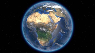 Uzaydaki güzel gezegen Dünya yıldızların arka planına karşı. 3D görüntüleme. NASA tarafından desteklenen bu videonun elementleri.