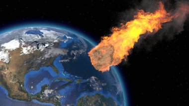 Dünya 'ya göktaşı çarpması. Göktaşı, kuyruklu yıldız, göktaşı parlar ve dünyanın atmosferine girer. 3D görüntüleme. Meteor yağmuru. Kameta kuyruğu. Dünyanın sonu geldi. Bu görüntünün elementleri NASA tarafından desteklenmektedir