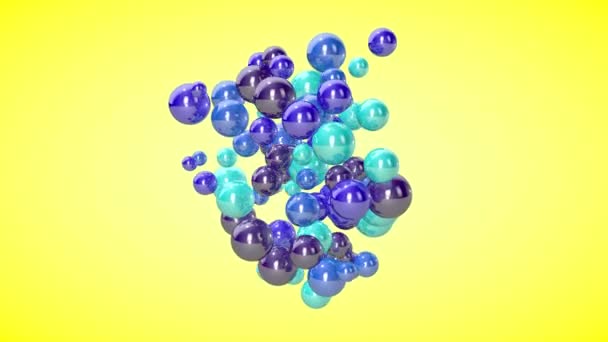 Esfera abstracta partículas azules amarillas animación en movimiento de una pila de esferas y bolas coloridas abstractas — Vídeo de stock