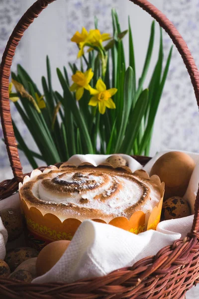 Traditional russian easter cake and spring flowers