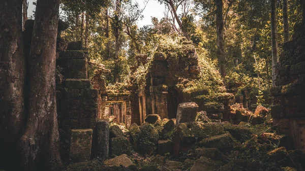 Phnom Kulen Dağı, ormandaki eski kırık tapınak - fotoğraf