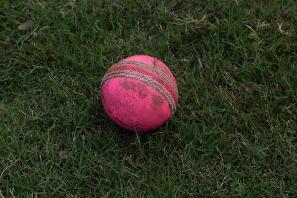 Photo of a red leather cricket ball with stitched seams on grass, cricket ball on green grass pitch with copy space, Close up Cricket ball on pitch with copy space