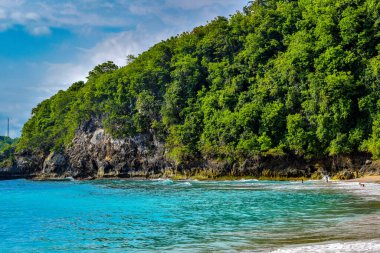 Güneşli sahil manzarası, tropikal adada yaz tatili, deniz kenarındaki egzotik doğa, huzurlu deniz manzarası, tatil için cennet manzarası, Endonezya, Nusa Penida Adası, Crystal Bay lagünü