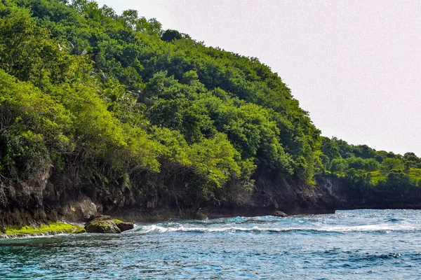 日当たりの良いビーチパノラマ 熱帯の島での夏休み 海によるエキゾチックな自然 穏やかな海辺 休暇のための牧歌的な風景 インドネシア ヌサペニダ島 クリスタルベイラグーン — ストック写真