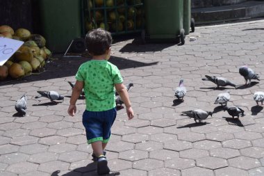 Küçük tatlı çocuk Malezya 'daki Batu Mağaraları Tapınağı' nın yakınlarında poz veriyor.