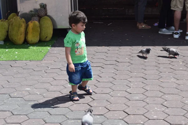 Dulce Niño Dando Pose Para Fotografía Cerca Batu Cuevas Templo — Foto de Stock