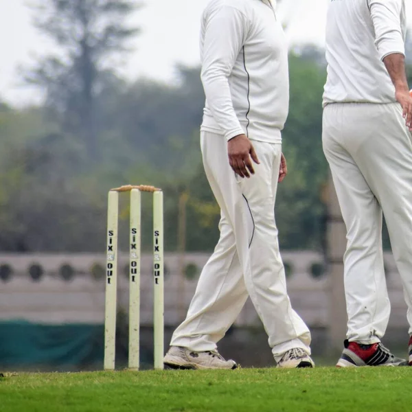Plná Délka Kriketu Hraje Hřišti Během Slunečného Dne Cricketer Hřišti — Stock fotografie