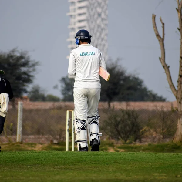 Güneşli bir günde sahada oynayan kriket oyuncusu, sahada oynayan kriket oyuncusu, sahada kriket oynayan oyuncular.