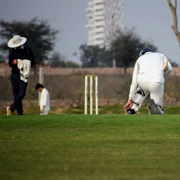 Full length of cricketer playing on field during sunny day, Cricketer on the field in action, Players playing cricket match at field