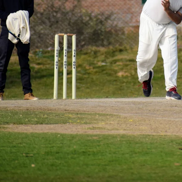 Full Length Cricketer Playing Field Sunny Day Cricketer Field Action — Stock Photo, Image