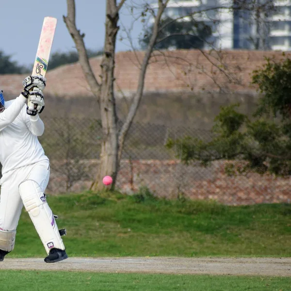 Full length of cricketer playing on field during sunny day, Cricketer on the field in action, Players playing cricket match at field