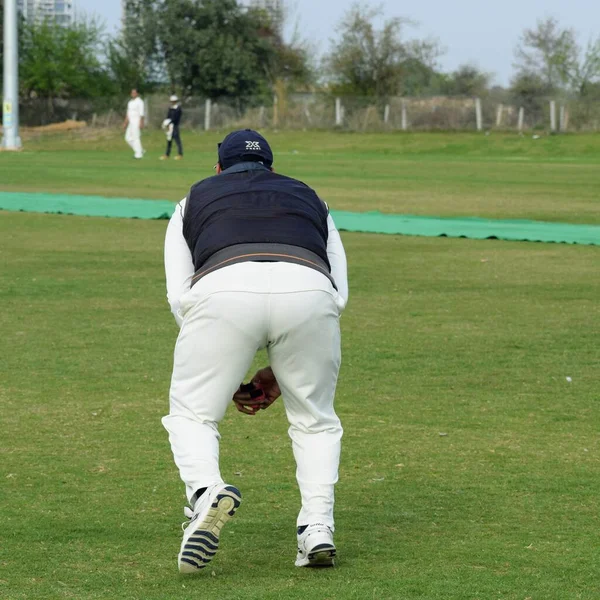 Full length of cricketer playing on field during sunny day, Cricketer on the field in action, Players playing cricket match at field